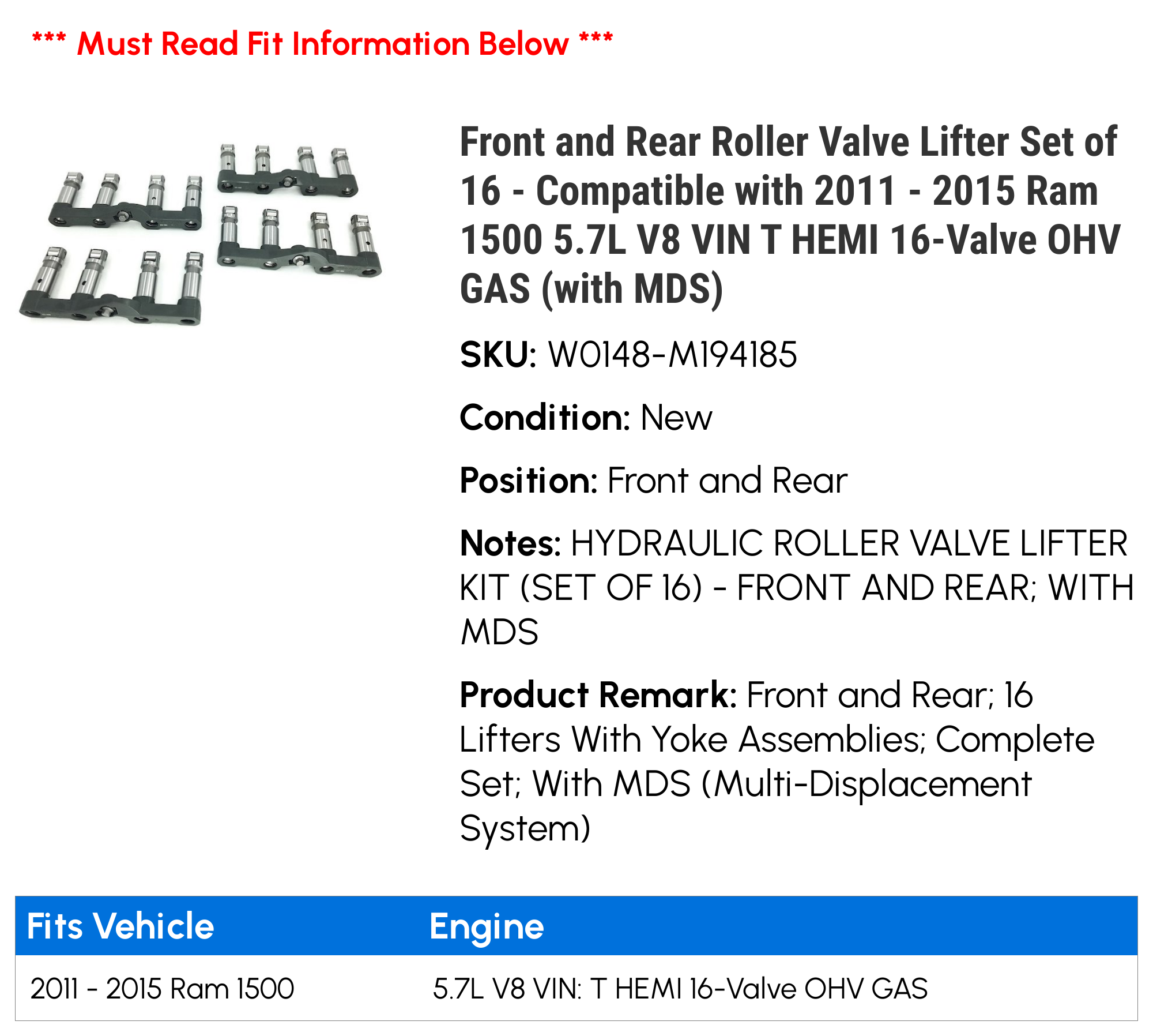 Front and Rear Roller Valve Lifter Set of 16 - Compatible with 2011 - 2015 Ram 1500 5.7L V8 VIN T HEMI 16-Valve OHV GAS (with MDS) 2012 2013 2014