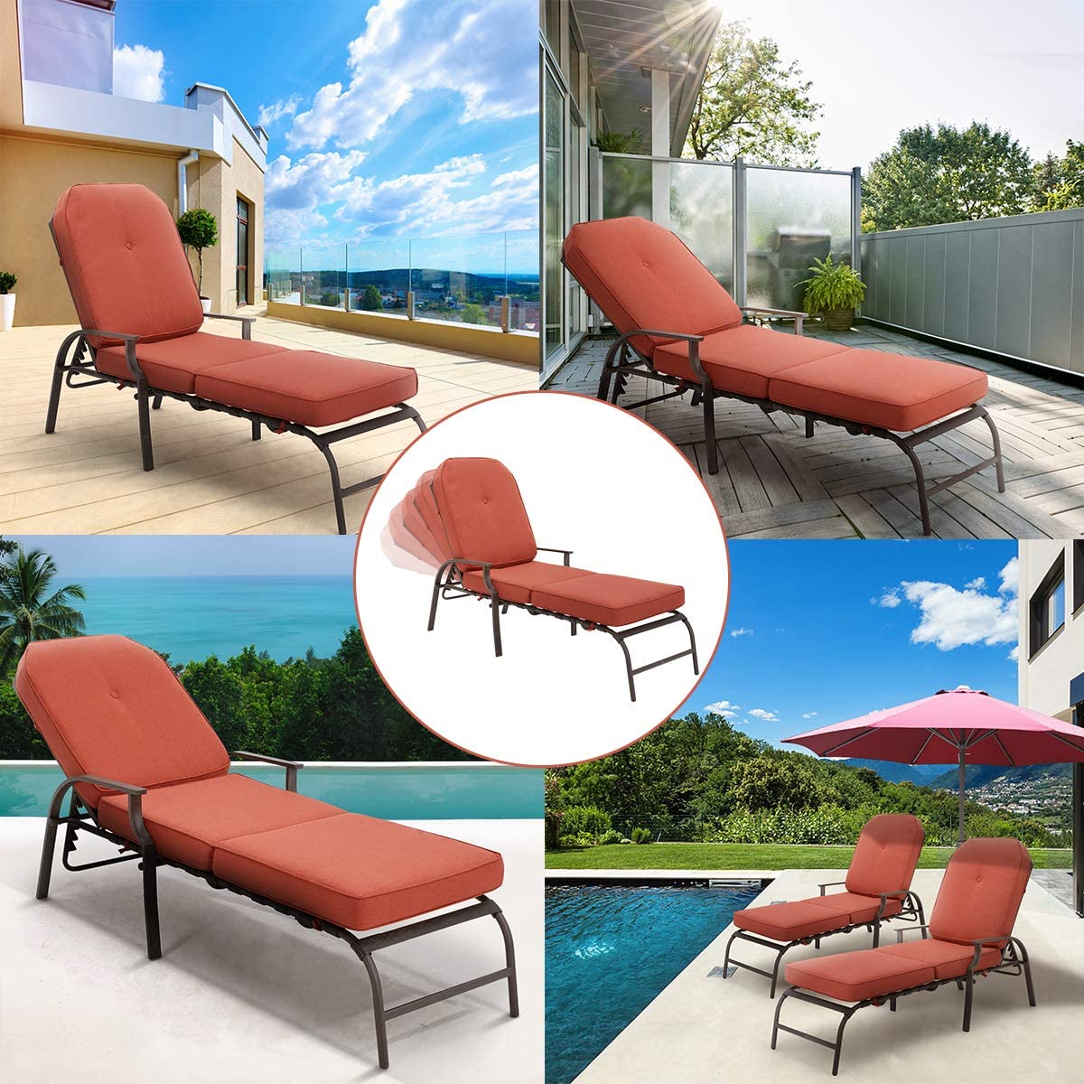 YODOLLA Adjustable Patio Lounge Chair with Thick Cushion Outdoor Chaise Lounge Recliner, Red