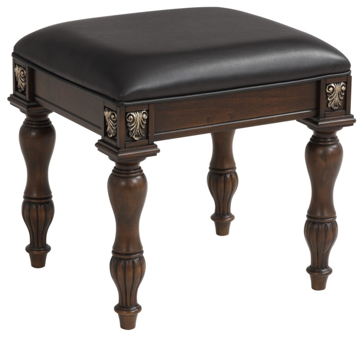 Mady 19 Inch Upholstered Vanity Stool Ornate Trim Deep Espresso Brown   Folding Chairs And Stools   by Dot  ampBo  Houzz