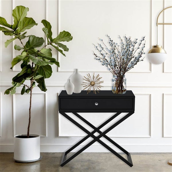 Wooden End Side Table with Glass Top Drawer and Metal Cross Base