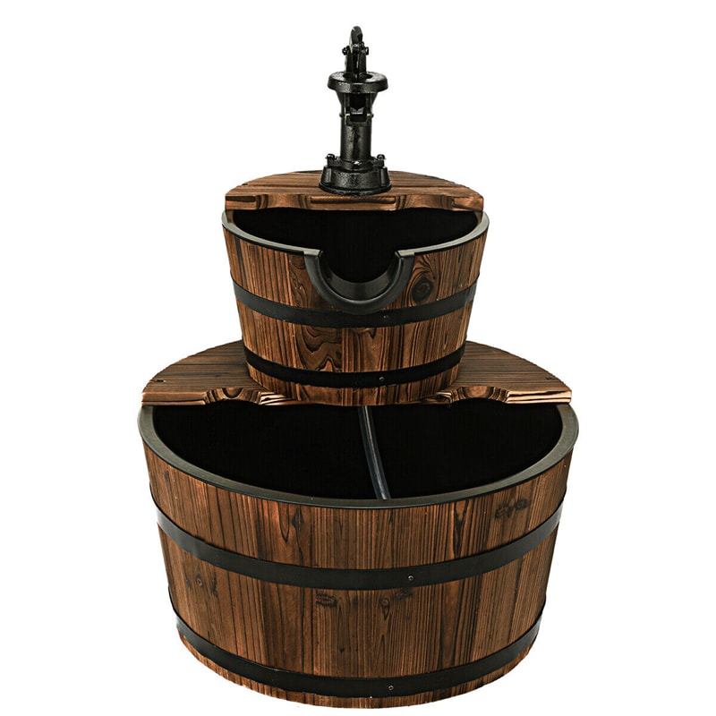 2-Tier Outdoor Barrel Waterfall Fountain with Hand Pump for Garden Backyard