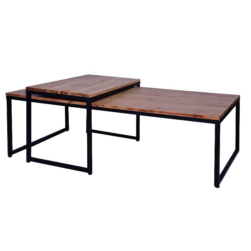 48， 27 Inch 2 Piece Rectangular Wood Nesting Coffee and End Table Set， Sled Metal Base， Brown， Black