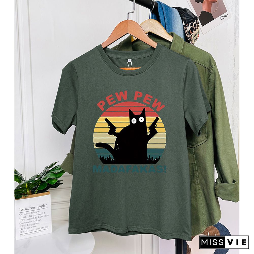 Pew Pew Print Graphic Tees for Women Wholesale Short Sleeve T shirts Top