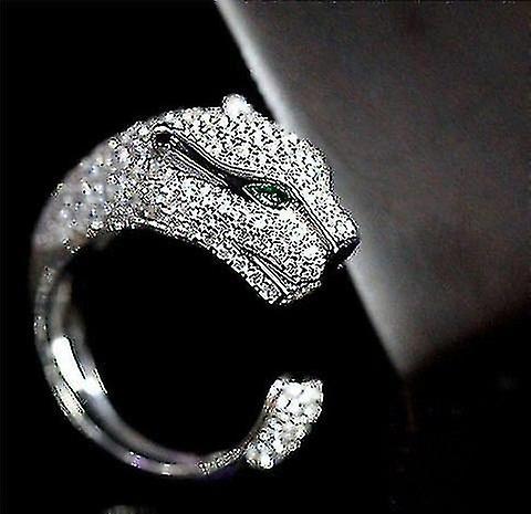 Men 925 Sterling Silver Leopard Animal Finger Ring Paved Cubic Zircon Panther Green Eyes Open Ring Women Party Fine Wedding