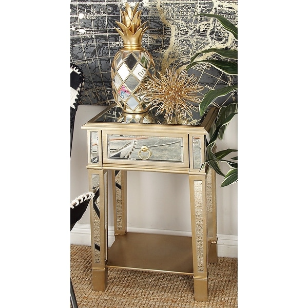 Beige Wood Glam Accent Table 27 x 18 x 14