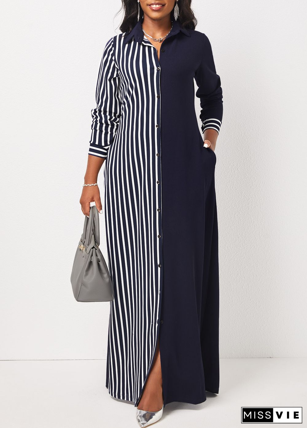 Striped Pocket H Shape Maxi Dress