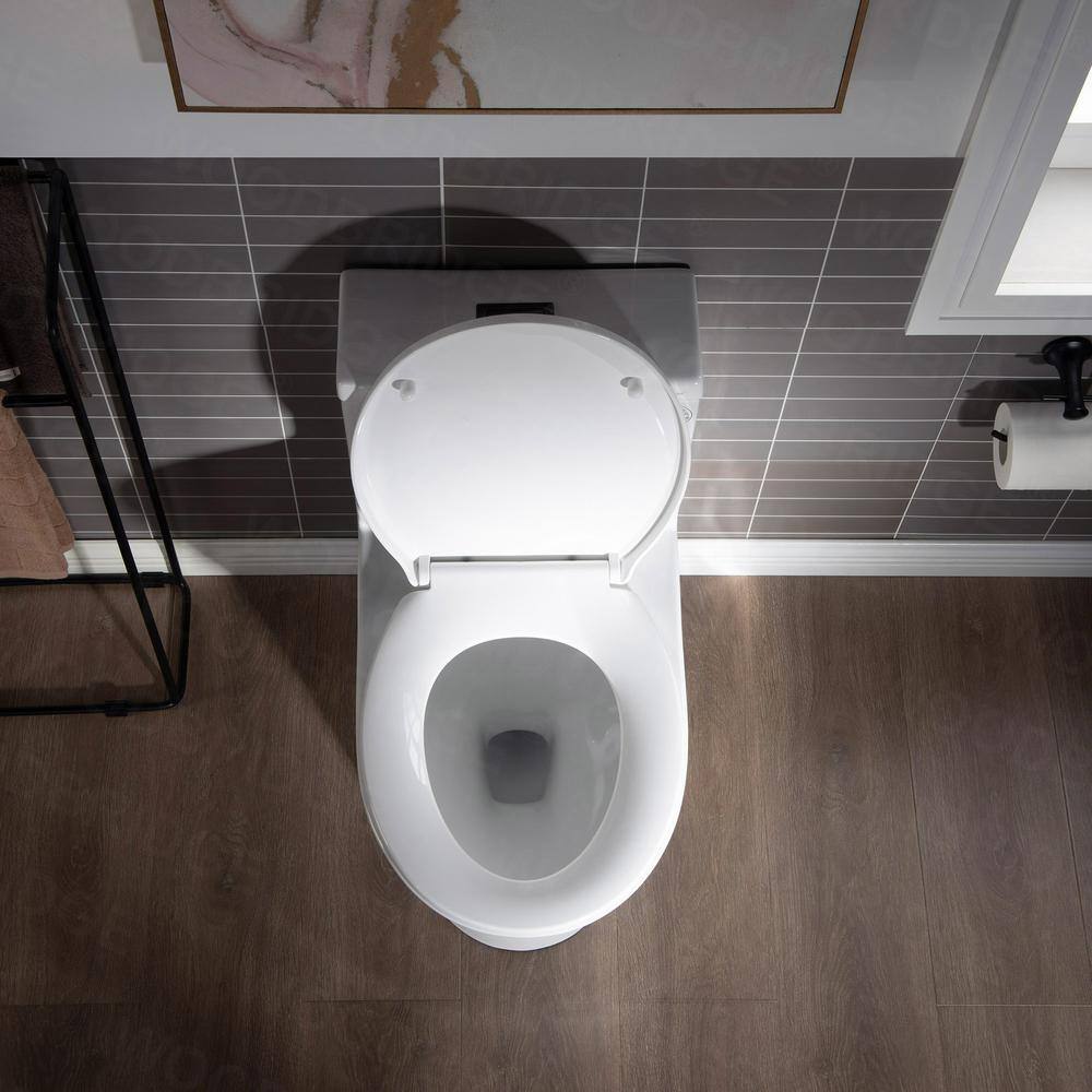 WOODBRIDGE Reo 1-Piece 1.28 GPF High Efficiency Dual Flush Round All-In One Toilet in White with Soft Closed Seat Included HB0500MB