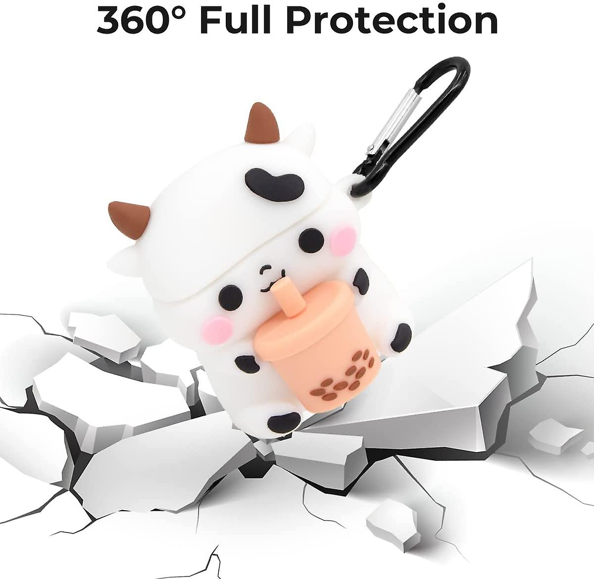 Cute Airpods Case， Airpods 2 Case， Boba Tea Cow Funny 3d Cartoon Animal Case， Soft Pvc Full Protection Shockproof Charging Case Cover With Carabiner F