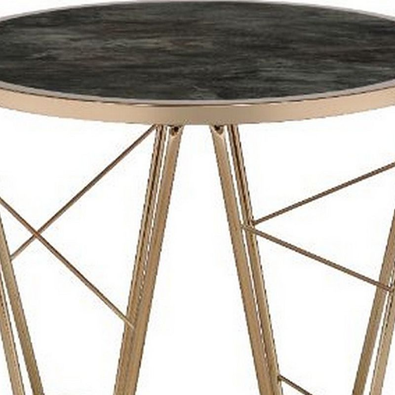 End Table with Glass Top and Geometric Frame， Black and Gold