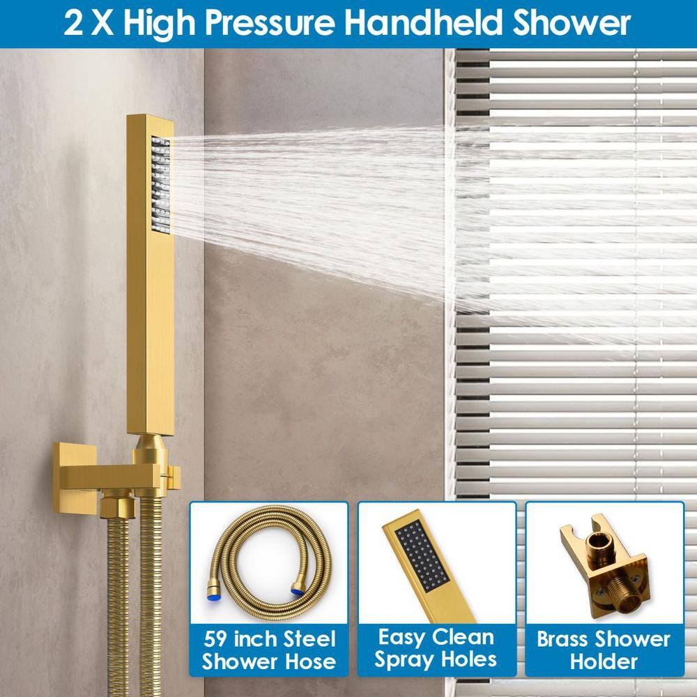 GRANDJOY Pressure Balance 2-Spray Wall Mount 10 in. Fixed and Handheld Shower Head 2.5 GPM in Brushed Gold SRM6066GNI-10BL