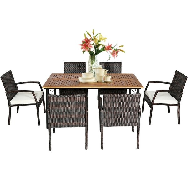 7Pcs Patio Rattan Cushioned Dining Set with Umbrella Hole