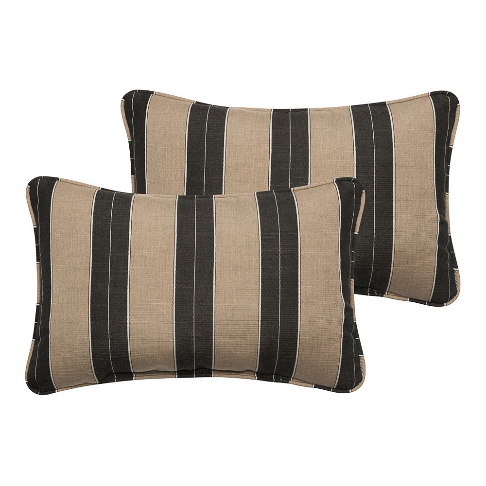 Set of 2 Sunbrella Black and Tan White Stripes Rectangular Indoor/Outdoor Lumbar Throw Pillows  24