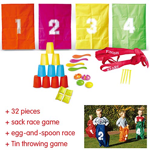 POCO DIVO 3in1 Outdoor Picnic Lawn Games， 4-Player Backyard Party Sports， 32pcs Kids Favor Family Field Day Fun Set; Sack Race Bags， Egg and Spoon Outside Yard Champion， Bean Bag Toss Indoor Activity