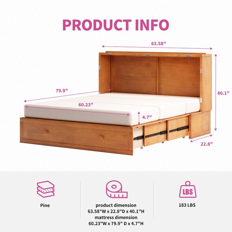 Mixoy Queen Murphy Bed with Mattress and USB Port Storage Bed with Drawer