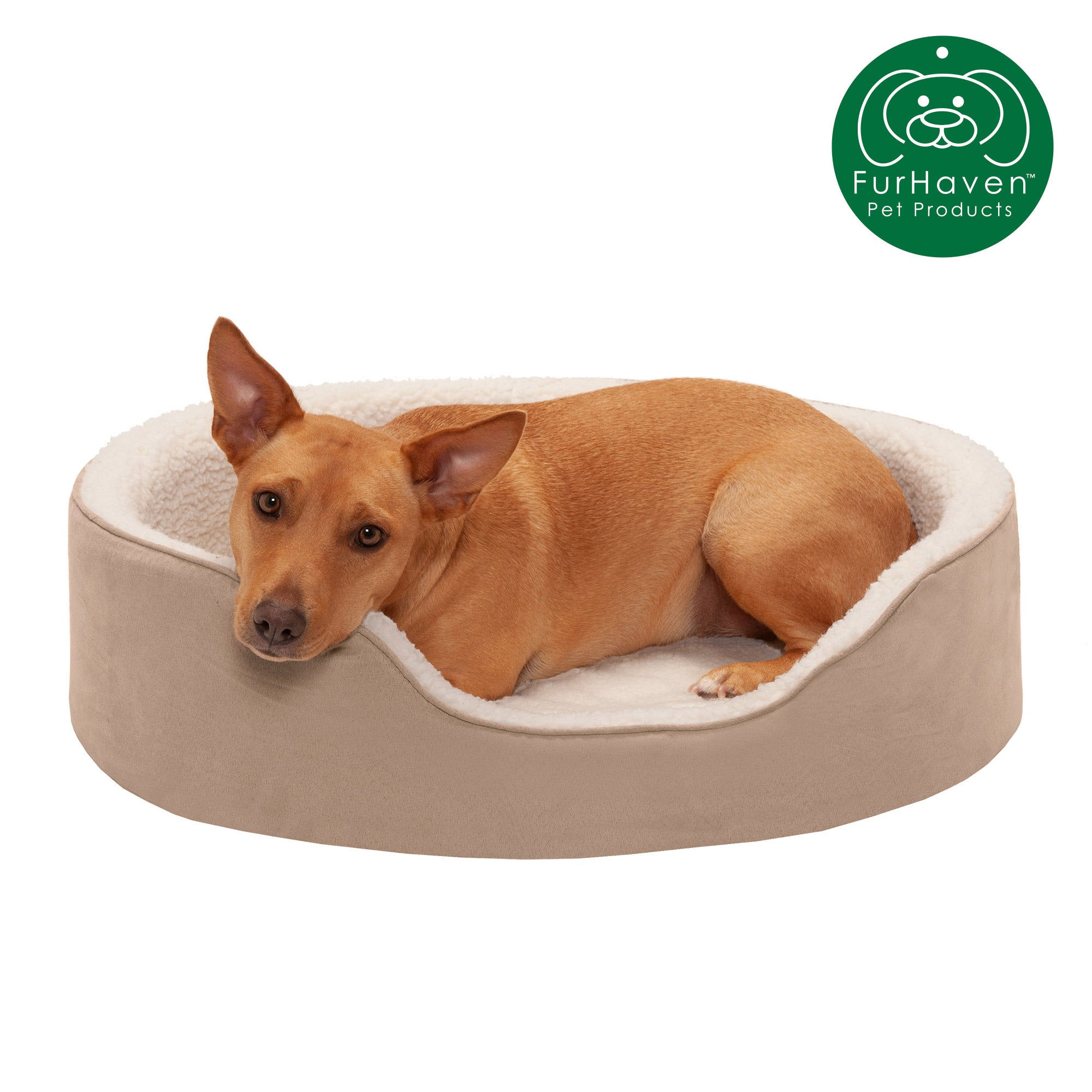 FurHaven | Orthopedic Faux Sheepskin and Suede Oval Pet Bed for Dogs and Cats， Clay， Large