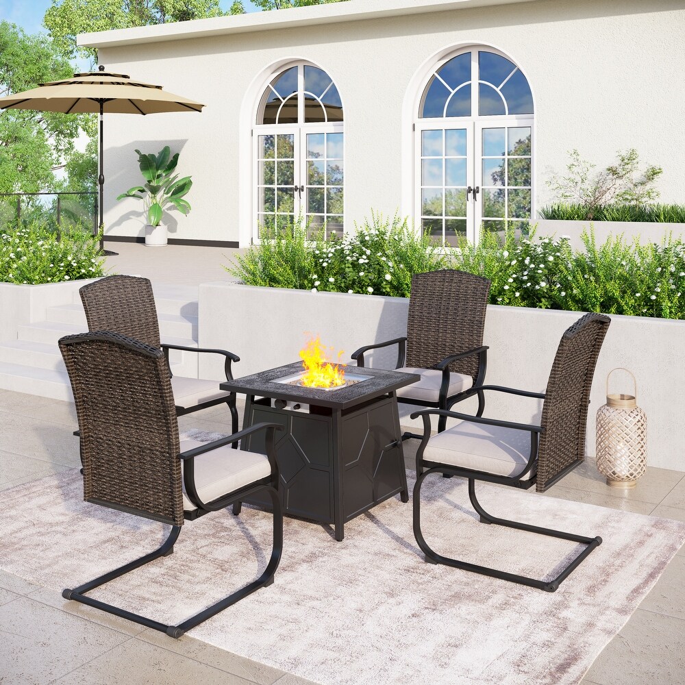 5 Pieces Patio Dining Sets   4 Rattan Steel Chairs and 1 Square Terrafab Fire Pit Table with Lid and Lava Rocks