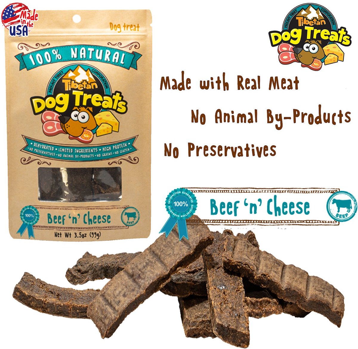 Tibetan Dog Treats Beef 'n' Cheese Grain-Free Dehydrated Dog Treats， 3.5-oz pouch