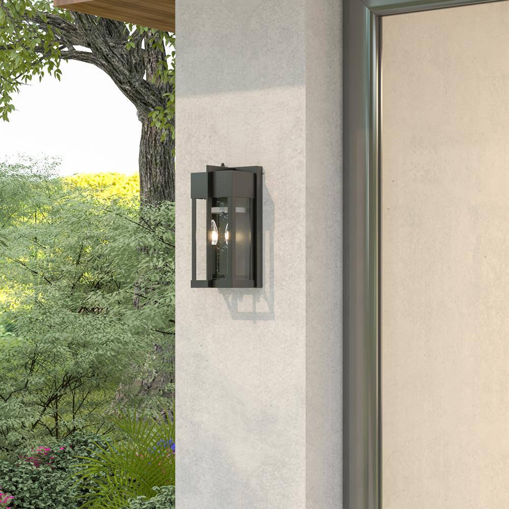 Maxax Montpelier Black 13 in. H 2-Light Outdoor Hardwired Water Glass Wall Lantern Sconce with Dusk to Dawn 2418-2W