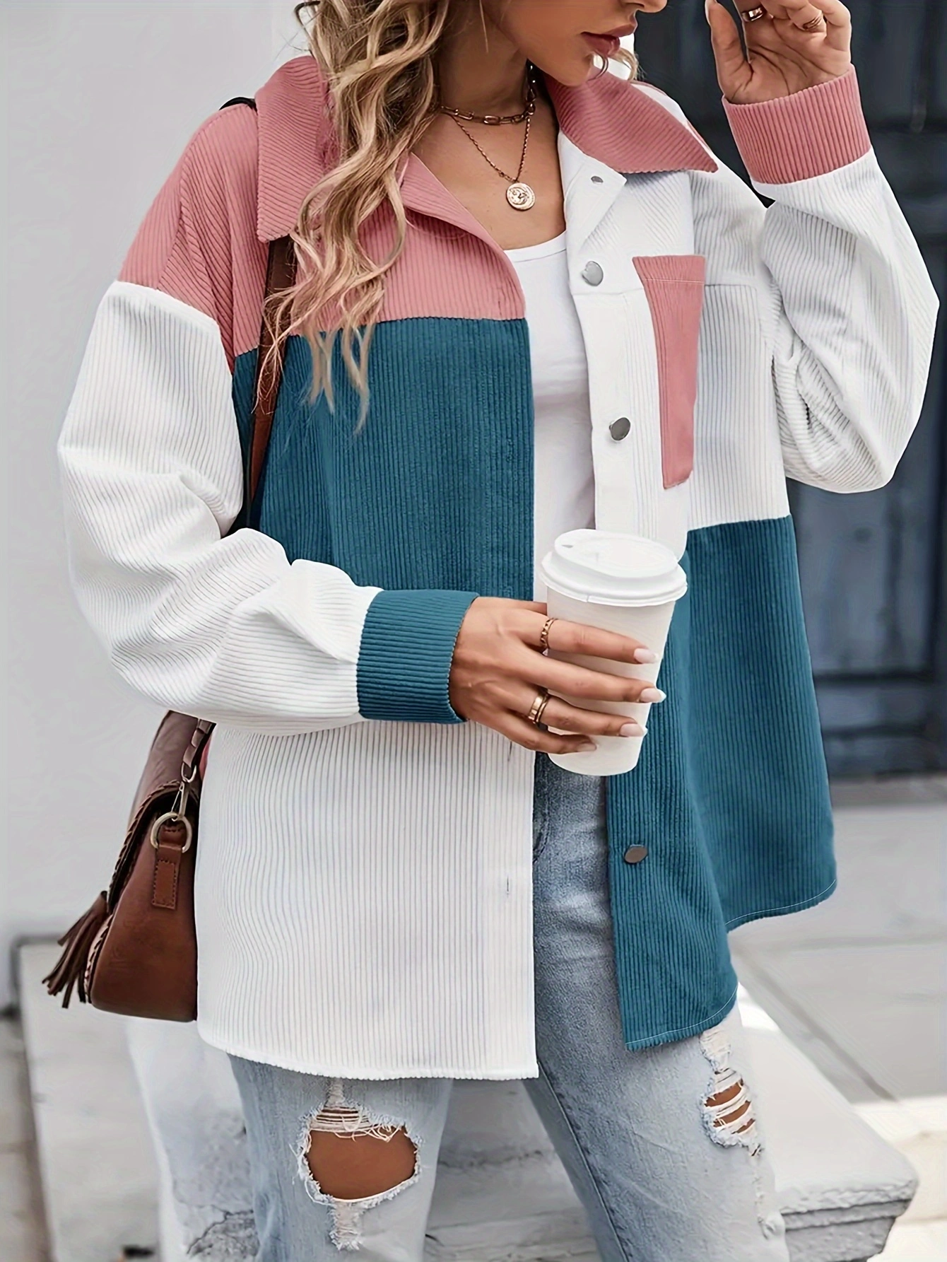 Plus Size Color Block Patch Pockets Blouse, Casual Lapel Neck Button Front Long Sleeve Blouse For Spring & Fall, Womens Plus Size Clothing