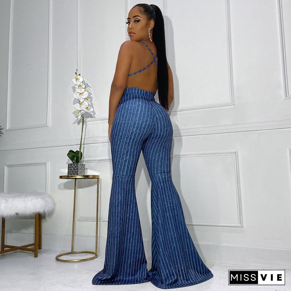 U-neck Open Back Sexy Stripe Jeans Flared Jumpsuit