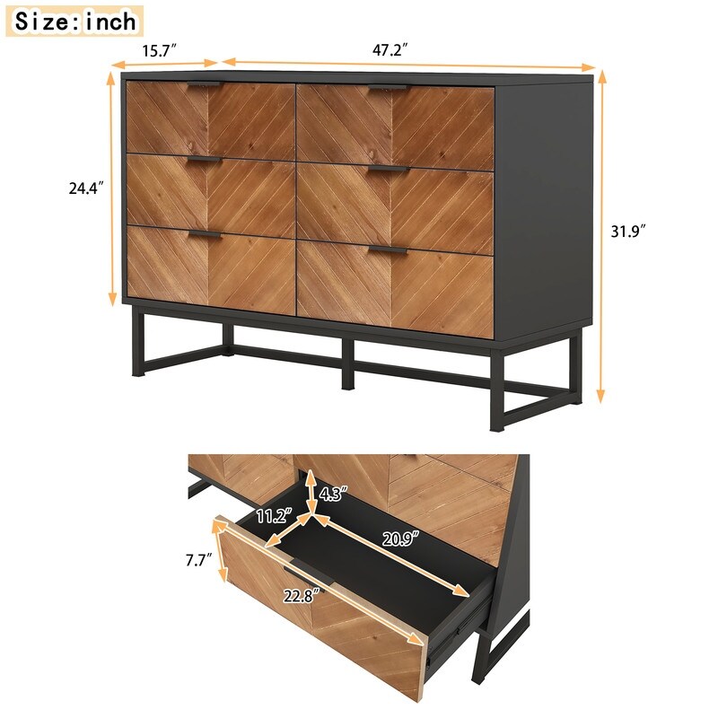 6 Drawers Dresser with Metal Leg and Handle for Bedroom  Storage Cabinet with Brown Wood Finish Drawer  Black+Brown