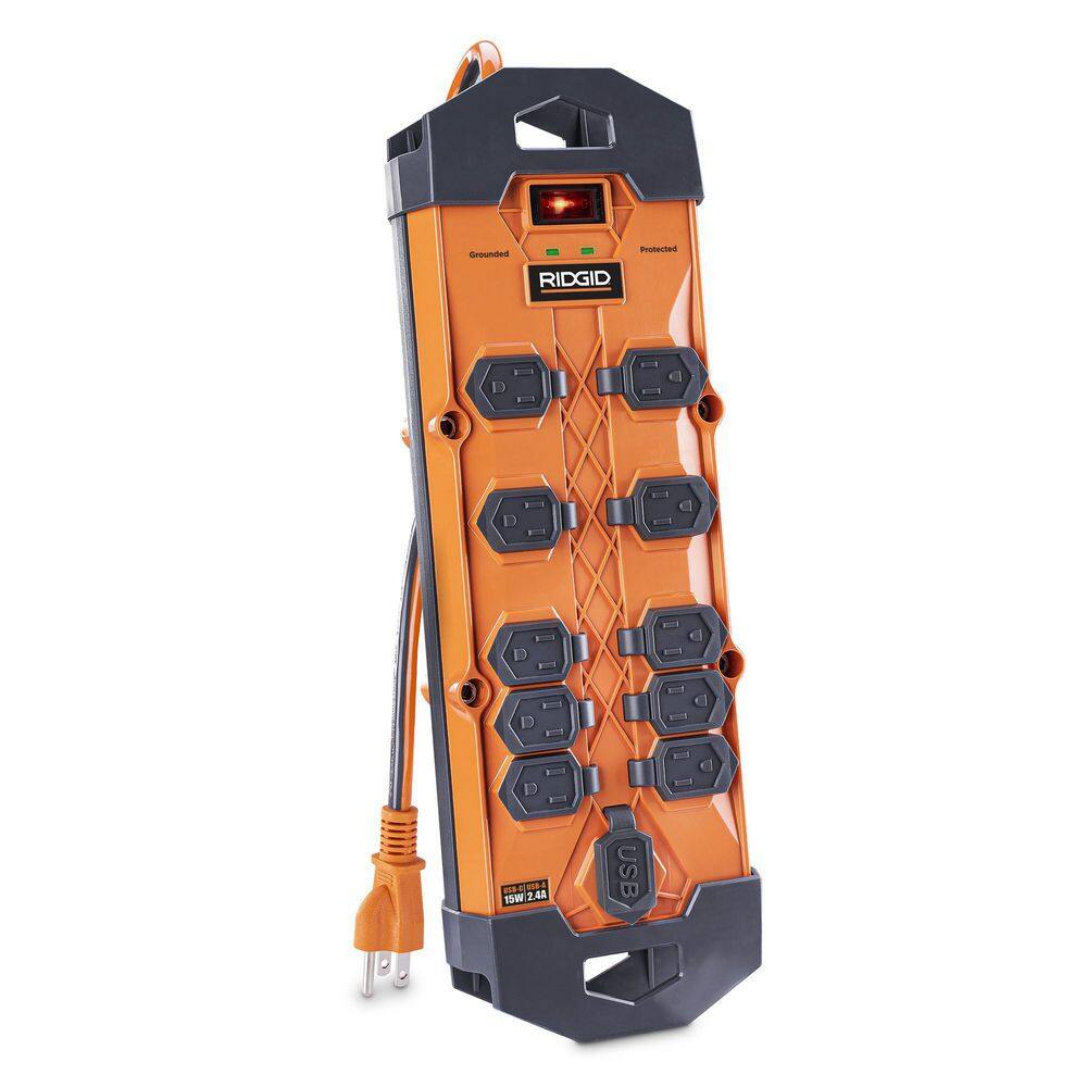 RIDGID 10 ft. Cord 10-Outlet 2.4 Amp USB-A 15-Watt USB-C 4200J Surge Protector RG1010UC