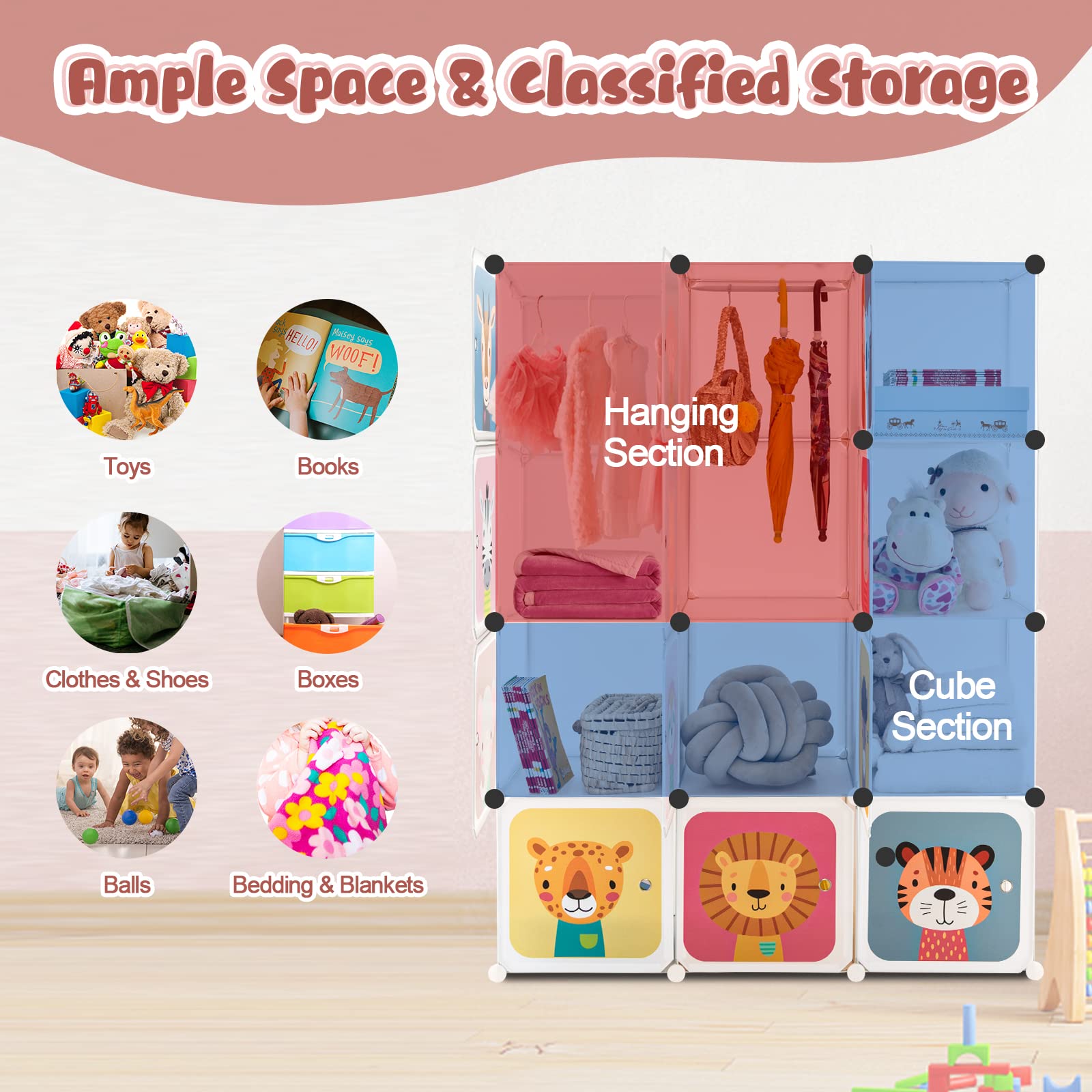 Costzon Kids Wardrobe Closet, Cartoon DIY Modular Dresser Storage Organizer with 12 Cubes & 2 Clothes Hanging Section