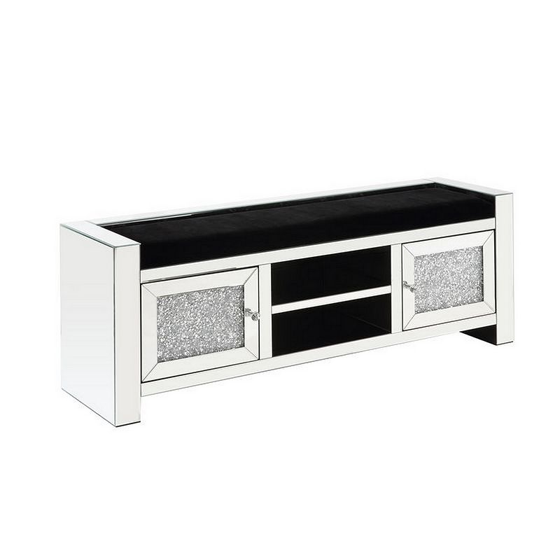 Mirrored Bench with Faux Diamonds and 2 Door Cabinets， Silver