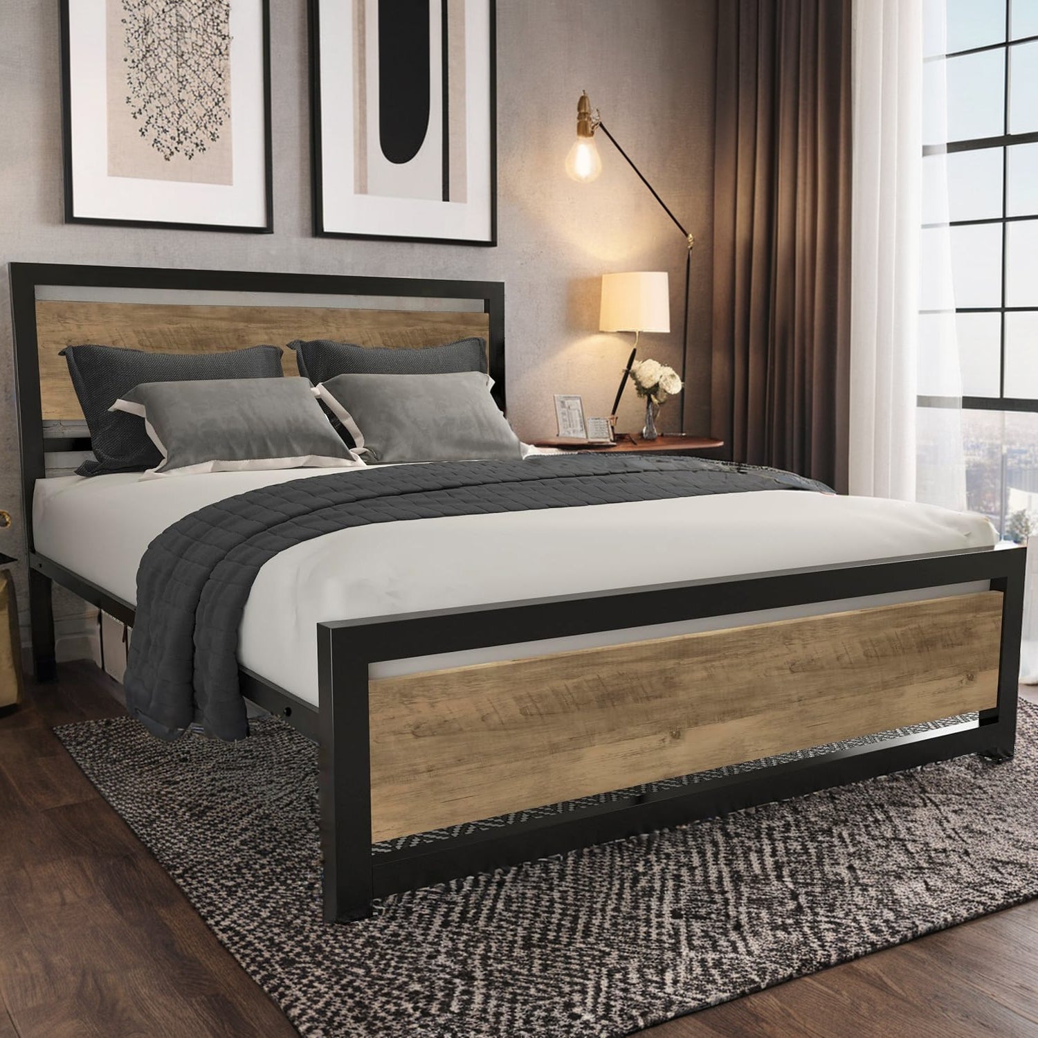 Bed Frame with Wooden Headboard & 13 Strong Metal Slats Supports Bed Frame Heavy Platform Metal