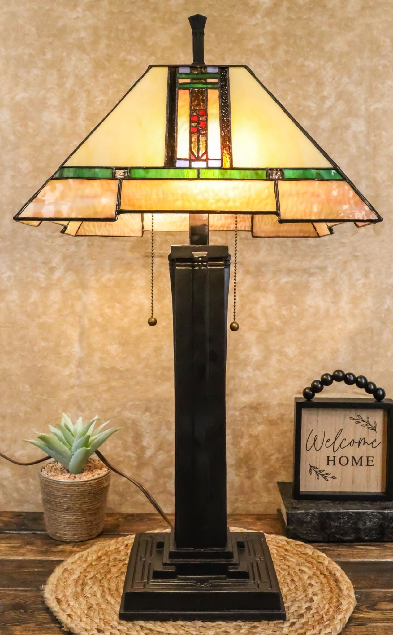 Louis Tiffany Mission Style Geometric Vectors Stained Glass Shade Table Lamp