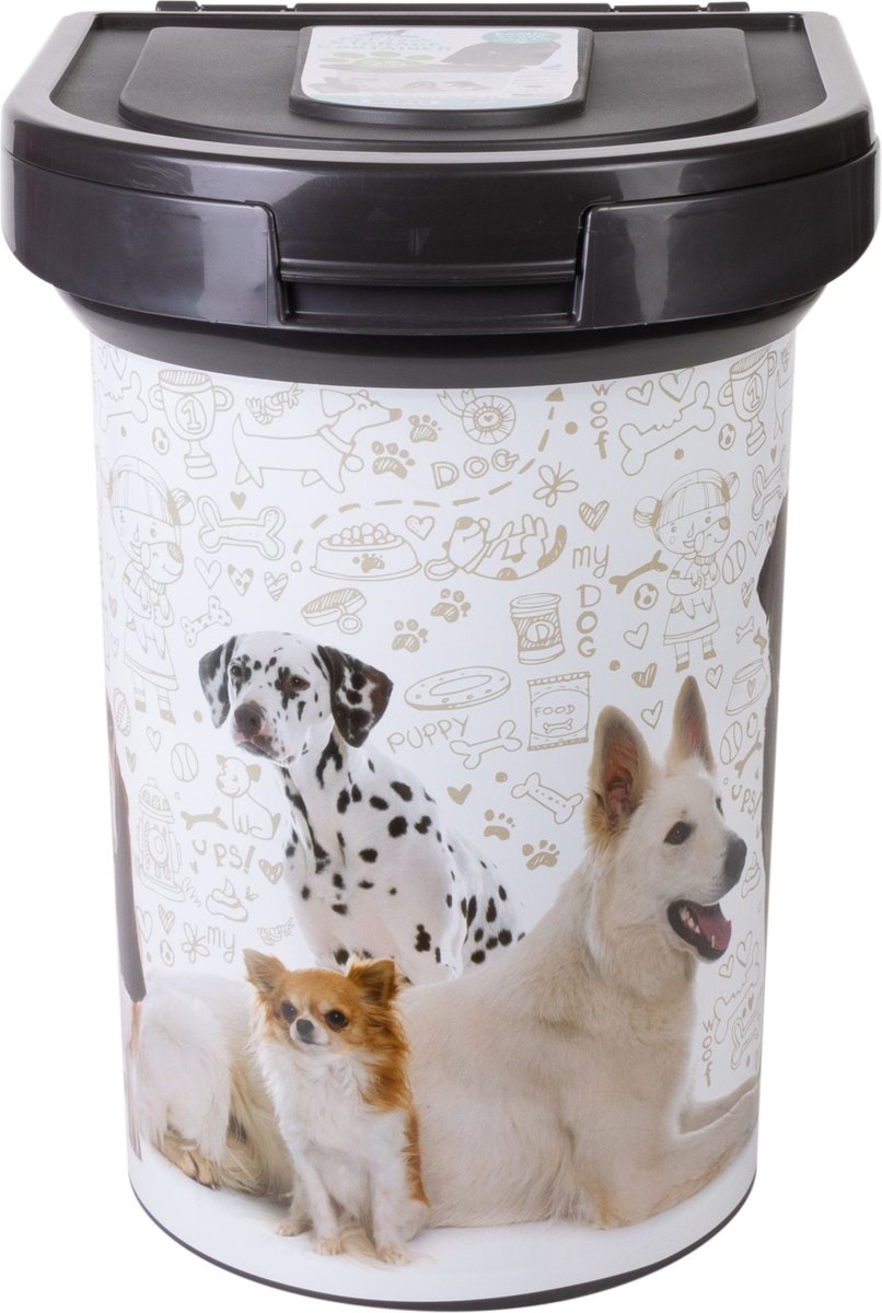 Pounce + Fetch Air Tight Cat and Dog Food Storage Container on wheels with Scoop and Lock Cover， White， 33-lit