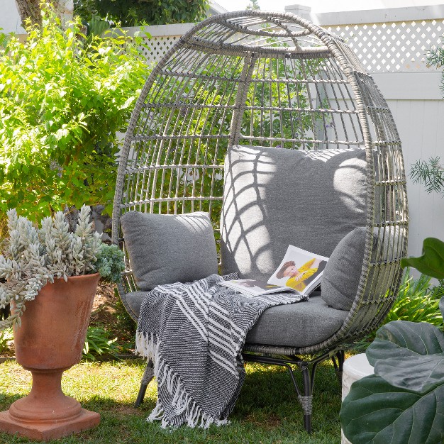 Barton Oversized Wicker Egg Chair Indoor outdoor Patio Lounger Seat Cushion Included Grey