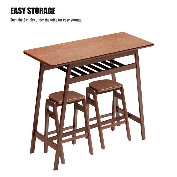 Retro Bar Table Rubber Wood Stackable Backless High Stool for 2 with Shelf and Hooks for Home Bar Space， 3 PCS Pub Dining Set