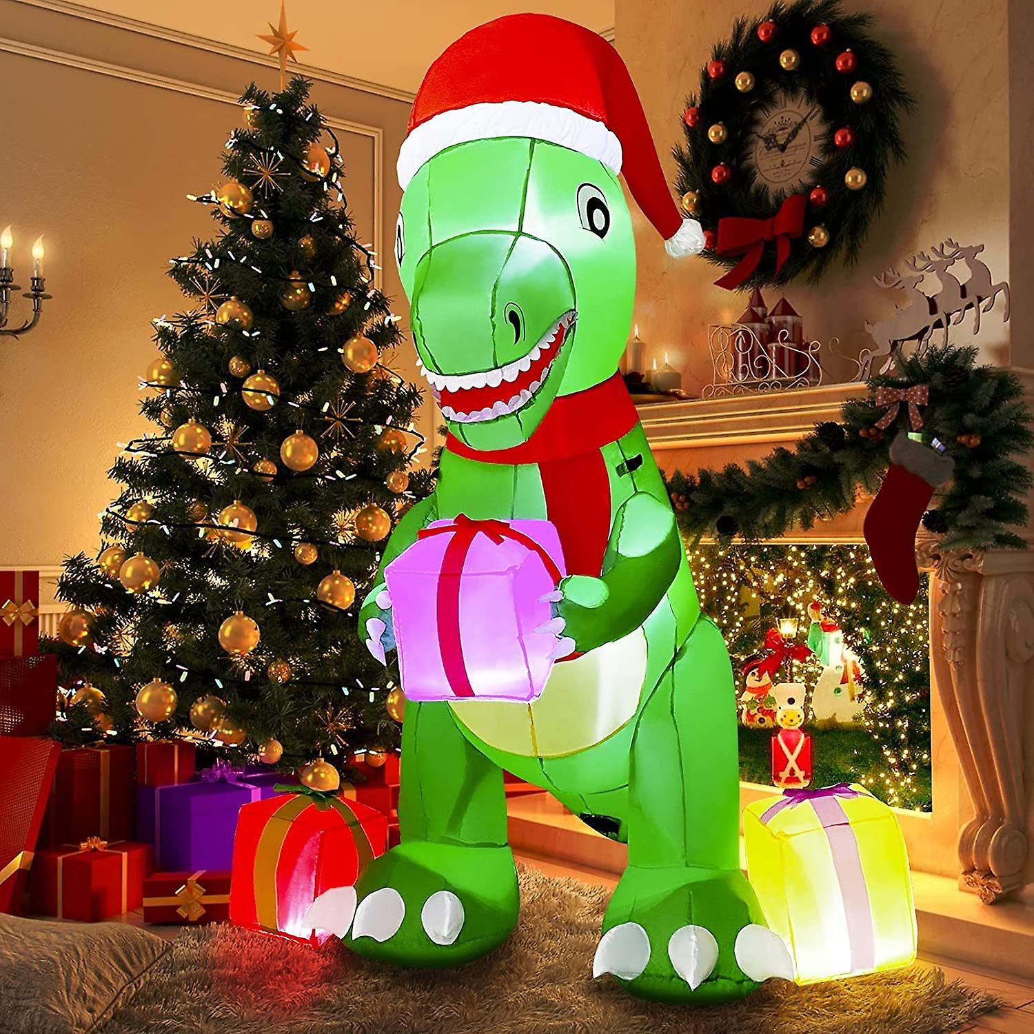 Christmas Inflatable Decoration 6ft Cute Dinosaur Give Gifts， Blow Up Christmas Dinosaur Inflatable With Build-in Leds For Xmas Party Indoor， Outdoor，