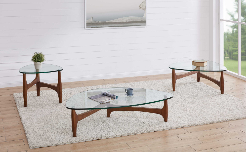 Mod Soft Triangle Clear Glass And Walnut Coffee Table   Midcentury   Coffee Tables   by HomeRoots  Houzz