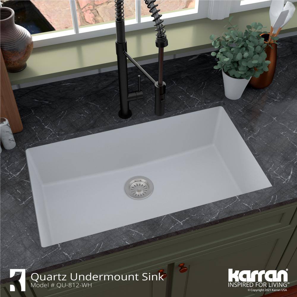 Karran QU- 812 Quartz 32.5 in. Large Single Bowl Undermount Kitchen Sink in White QU-812-WH