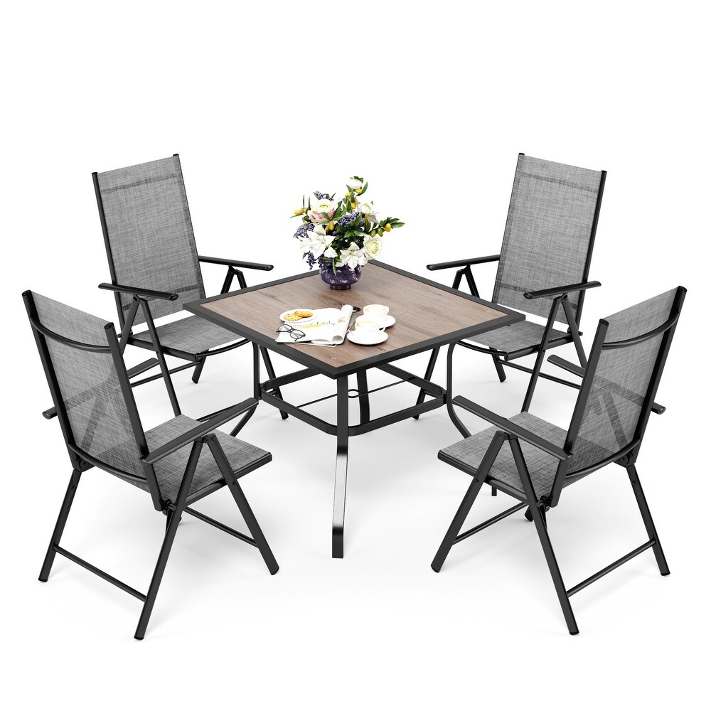 PHI VILLA 5 Piece Square Steel Table   Textilene Reclining Folding Sling Chair Patio Dining Sets