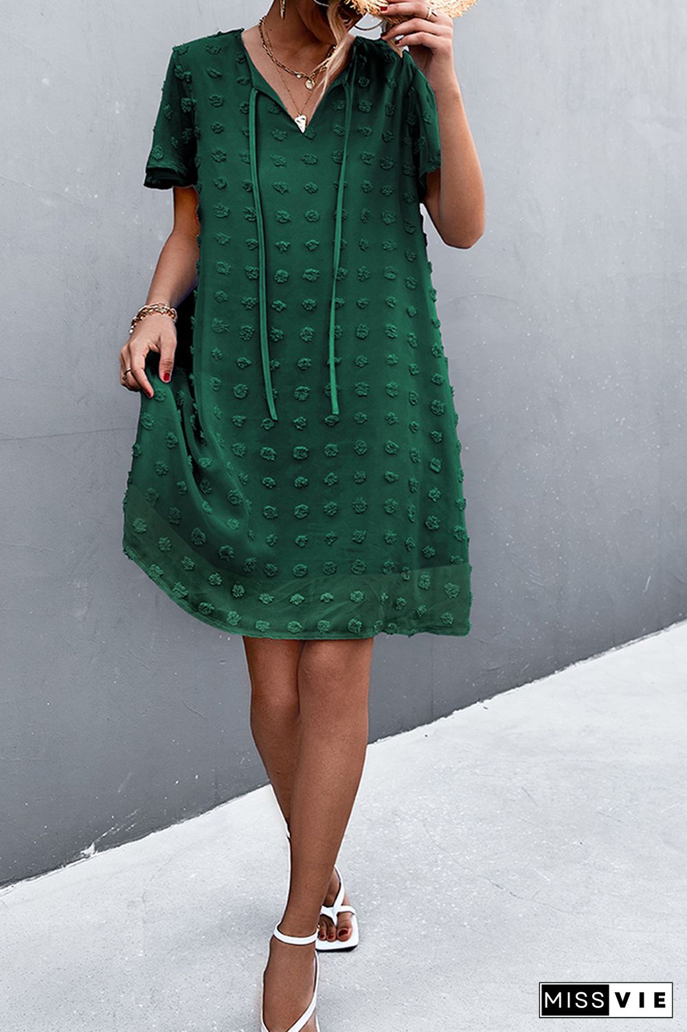 Jacquard Tie V-neck Short Sleeve Dress Wholesale