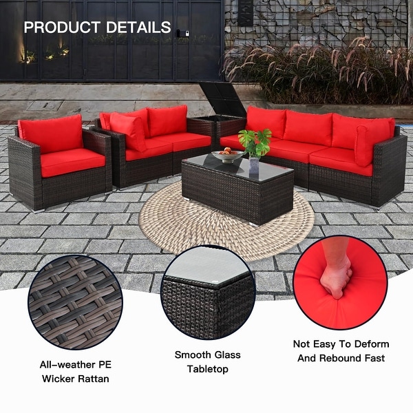 8Pieces Brown Wicker Outdoor Sectional Set with Glass Coffee Table