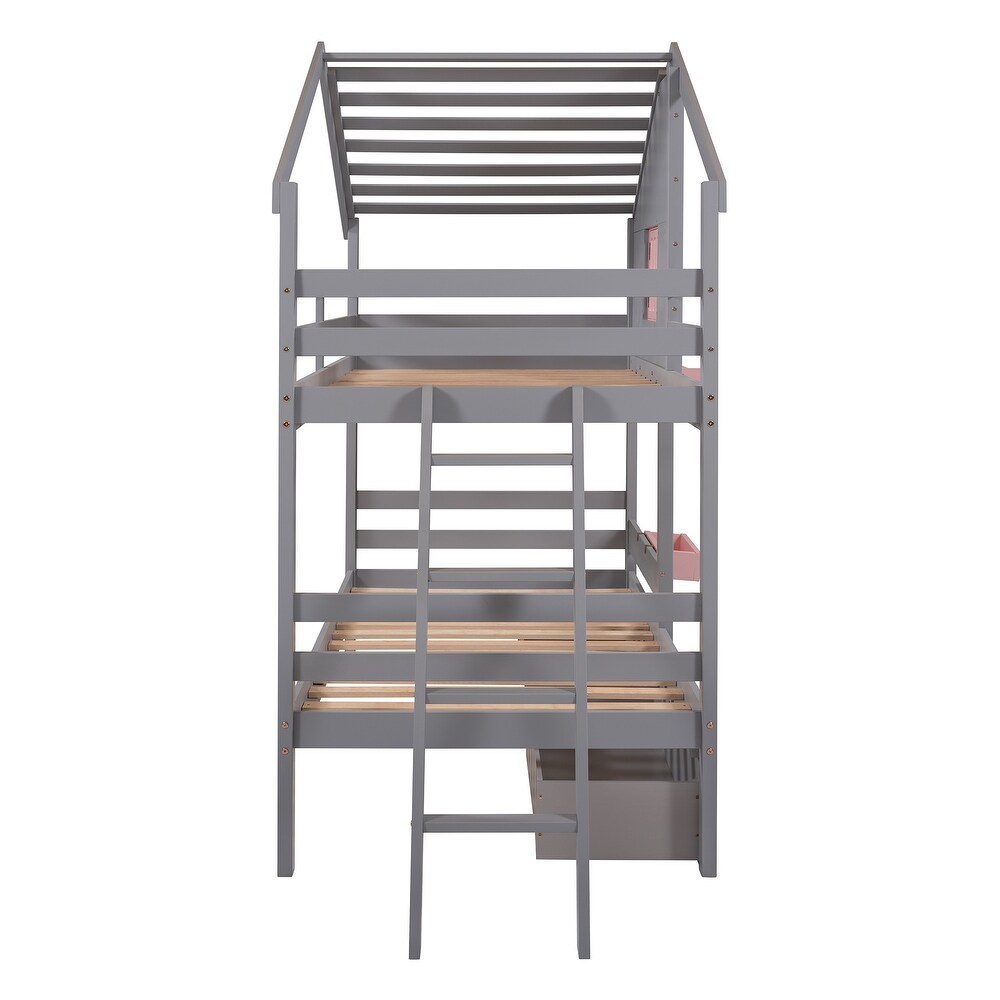 Contemporary Unique Design Twin over Twin Bunk Bed with 2 Drawers  1 Storage Box  1 Shelf and Quality Structure for Bedroom