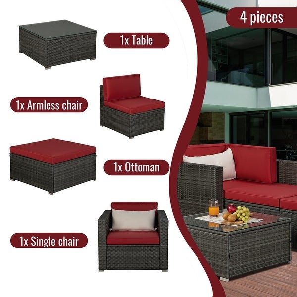 4-Piece PE Rattan Wicker Outdoor Sectional Cushioned Sofa Sets with Coffee Table and 1 Pillow - Overstock - 35972616