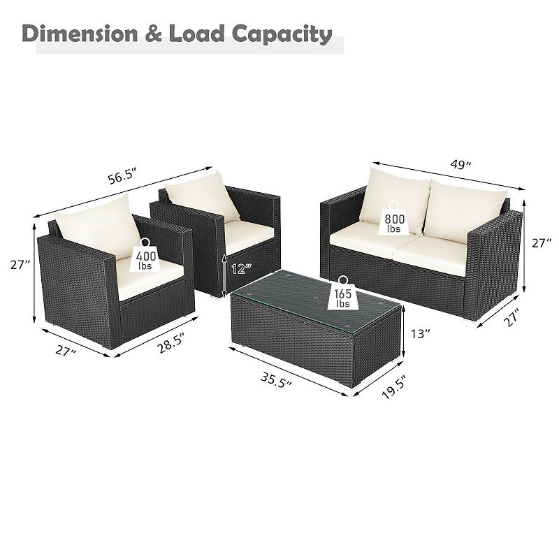 4 Pieces Patio Rattan Conversation Set with Padded Cushion and Tempered Glass Coffee Table