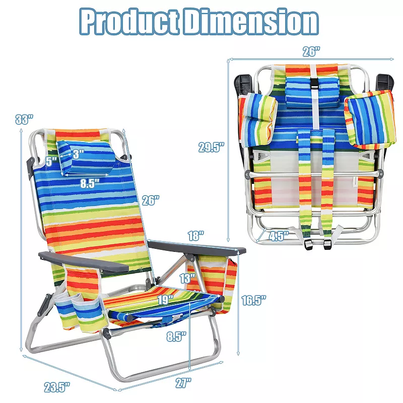 4-Pack 5-Position Outdoor Folding Backpack Beach Reclining Chair with Pillow