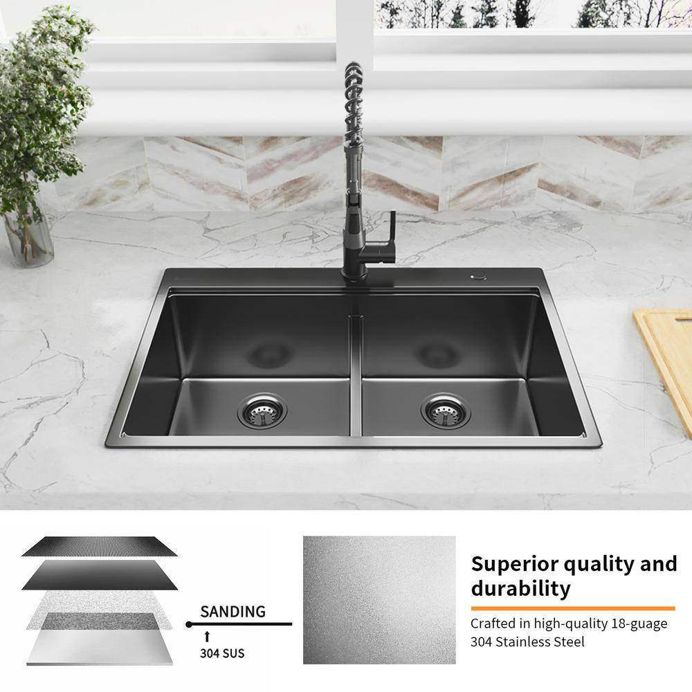 Glacier Bay 33 in. Gunmetal Black Stainless Steel Double Bowl Dual Mount Workstation Kitchen Sink with Black Spring Neck Faucet ACS3322A2T-FW