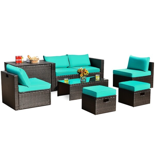 Costway 8PCS Patio Rattan Furniture Set SpaceSaving Storage Cushion