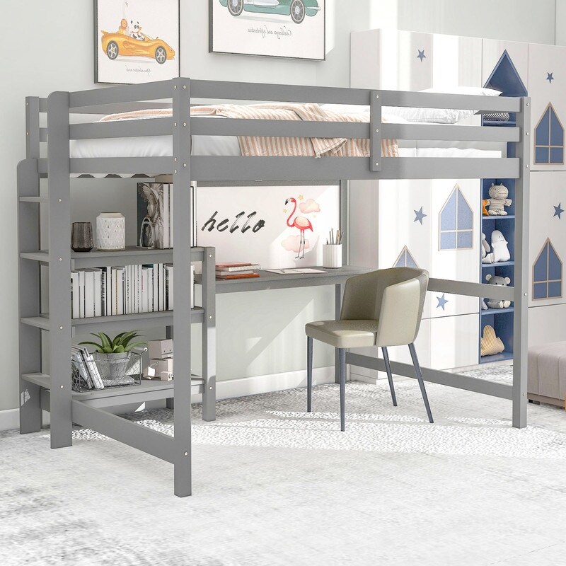 Twin/Full Size Loft Bed with Desk  Wooden Loft Bed Frame with Shelves  Built in Ladder and Writing Board Kids Teens Adults