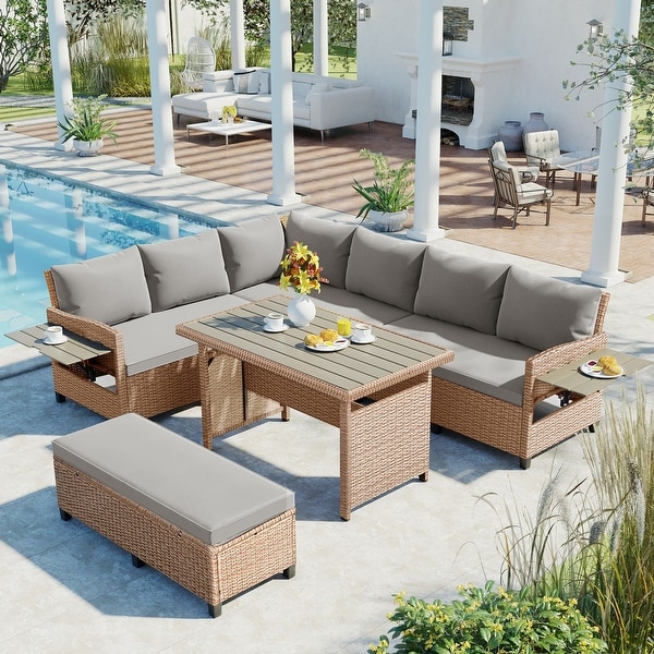 5Piece Outdoor Wicker Patio Conversation Furniture Set with Cushions，Extendable Side Tables，and Dining Table for Backyard