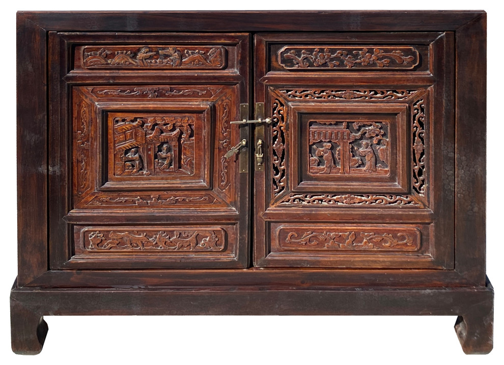 Chinese Brown Scenery Relief Carving Panel Doors Side Table Cabinet Hcs7430   Asian   Side Tables And End Tables   by Golden Lotus Antiques  Houzz