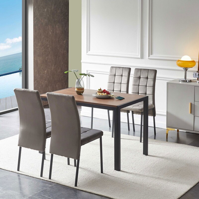 Modern 5 Piece Dining Table Set for 4 Solid Wood Table with Velvet High Back Dining Chair