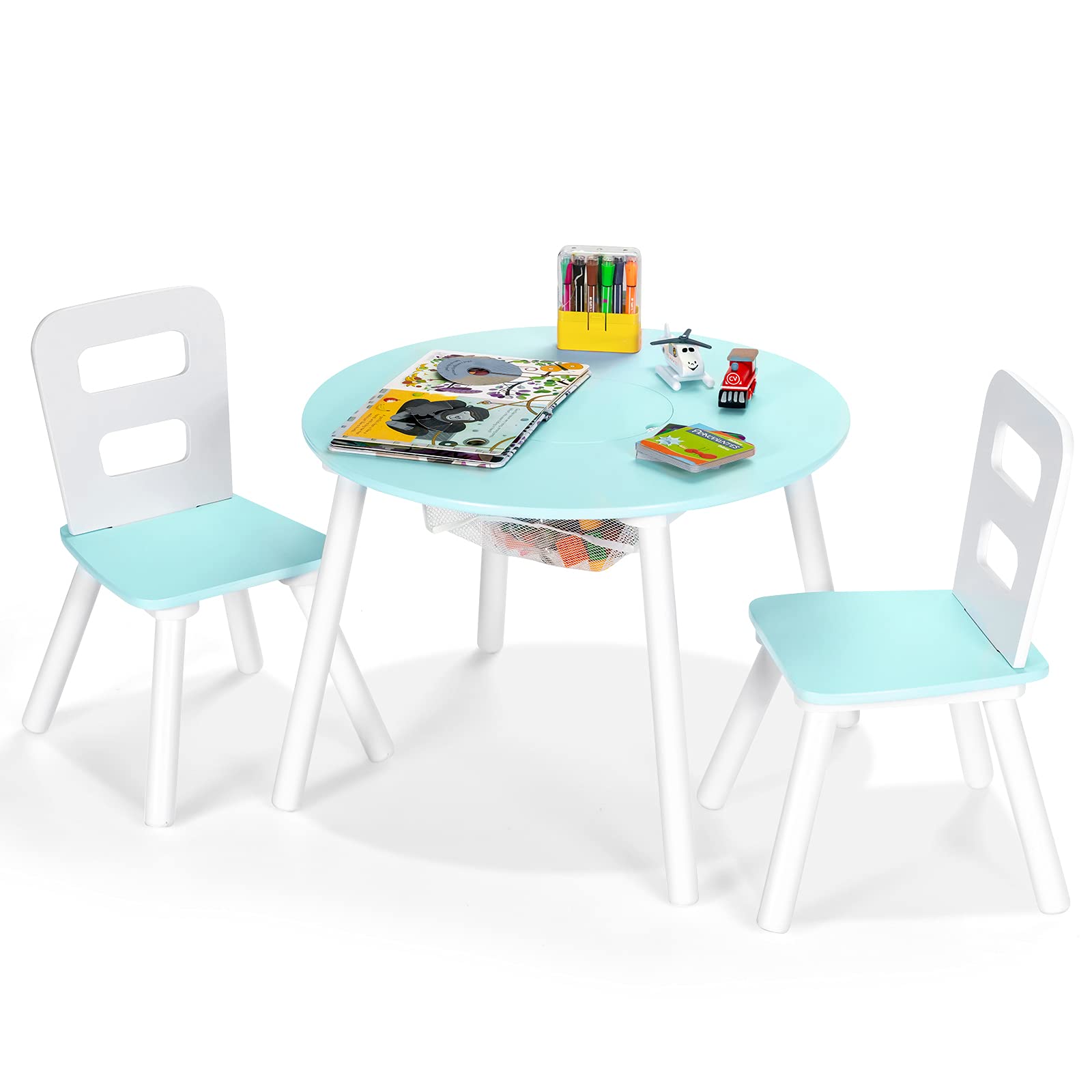 Costzon Kids Table and Chair Set, Wood Activity Table w/Center Mesh Storage